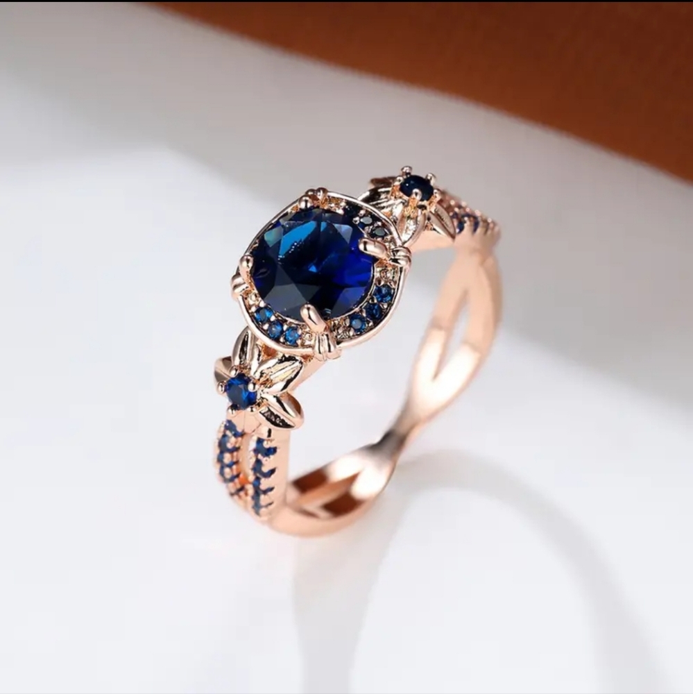 2Ct Round Cut Blue Sapphire Zircon Stone Halo Engagement Ring 18 K Gold Plated. - Picture 1 of 12